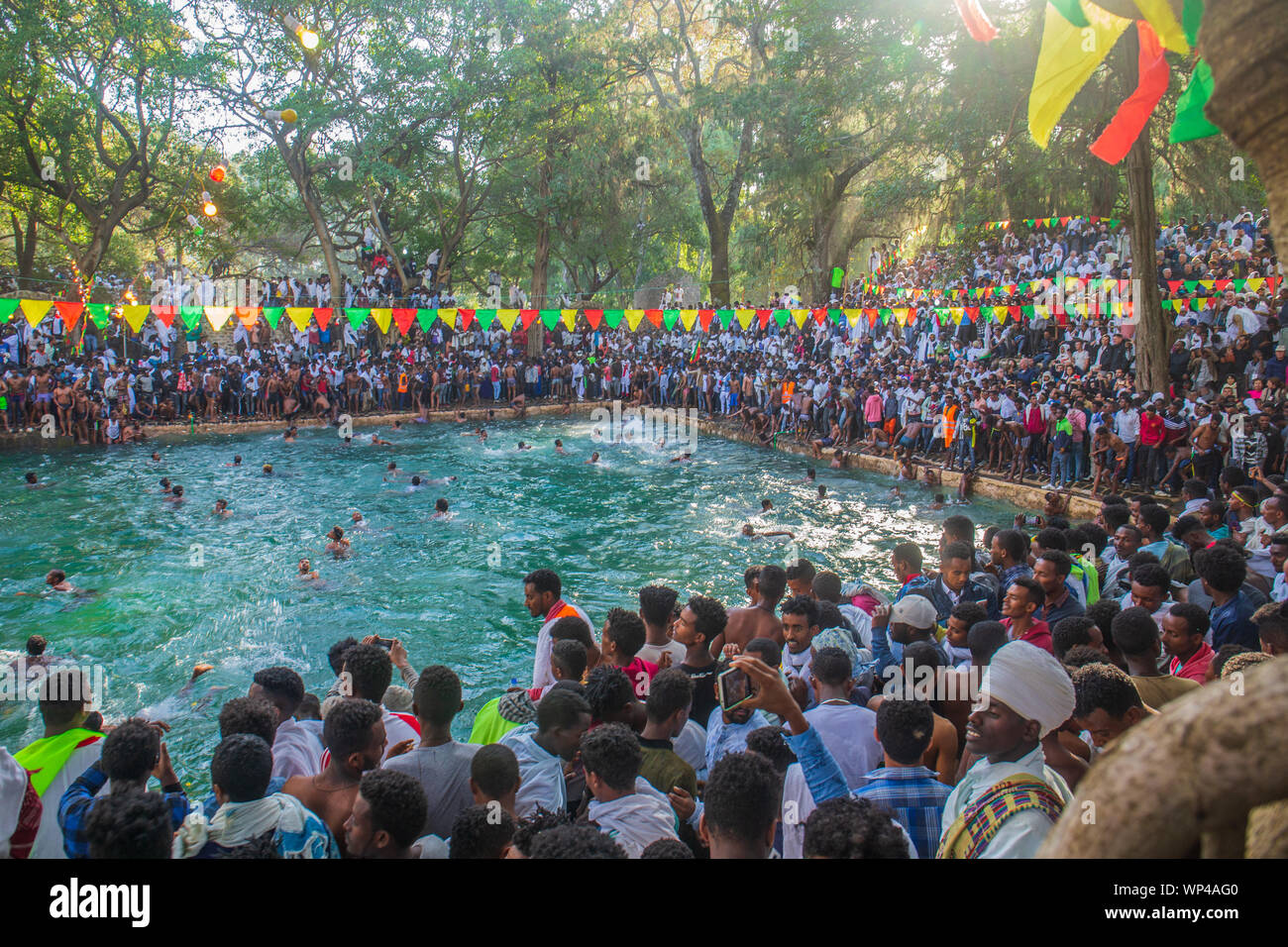 Timkat celebration at Fasilides’ Bath in Gondar Stock Photo