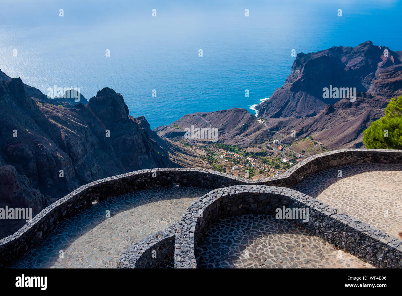 View from the Mirador del Palmarejo over Valle Gran Rey, La Gomera Island, Canary Islands, Spain.  Designed by   Gomeran artist Cesar Manrique. Stock Photo
