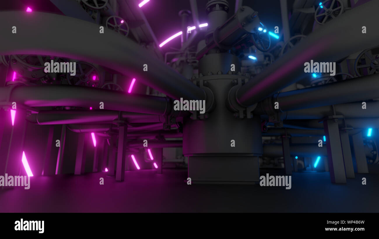 Abstract Industrial Equipment with Neon Lights. Ultraviolet light. 3D