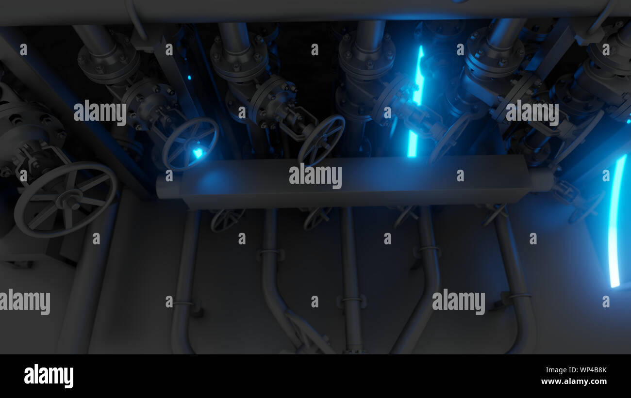 Abstract Industrial Equipment with Neon Lights. Ultraviolet light. 3D