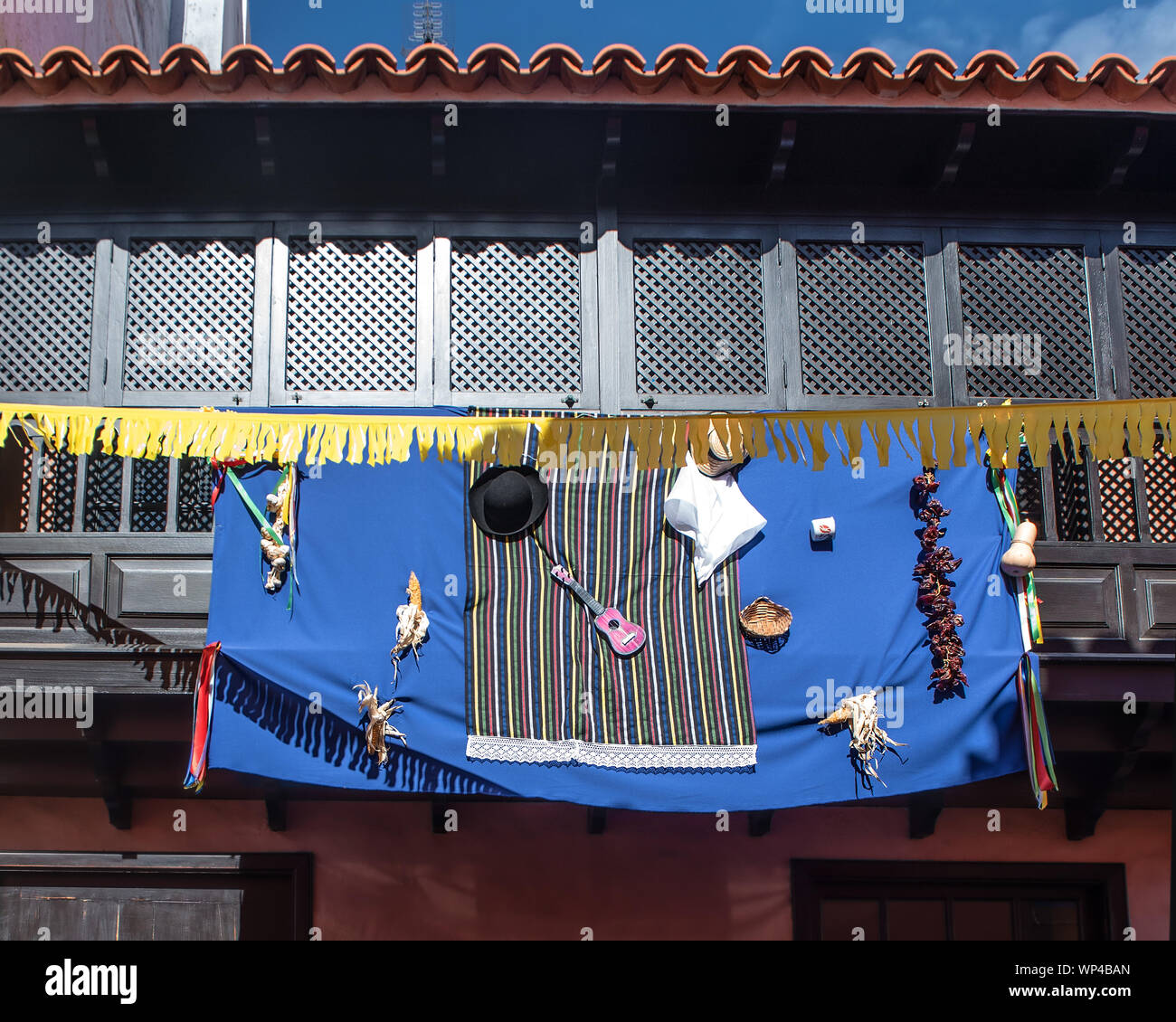 San Sebastian, La Gomera, Canary Islands, Spain  11 October 2018.  Decorations on houses in the capital city of La Gomera celebrating the festival of Stock Photo