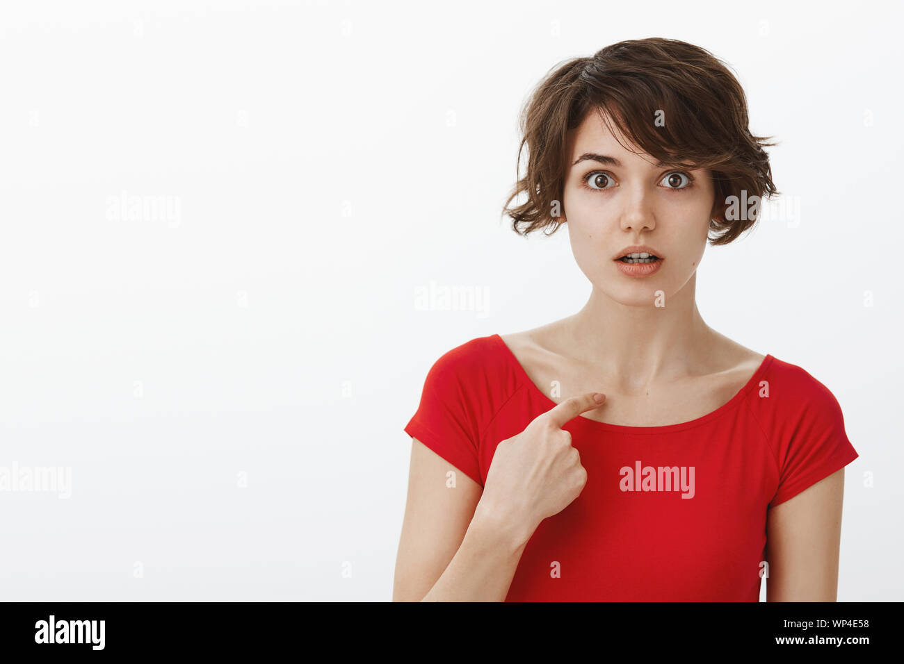 Shocked Stunned Intense European Woman Short Haircut Pointing Herself