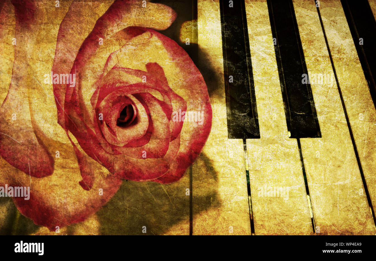 Abstract grunge rose and piano, vintage music background Stock Photo