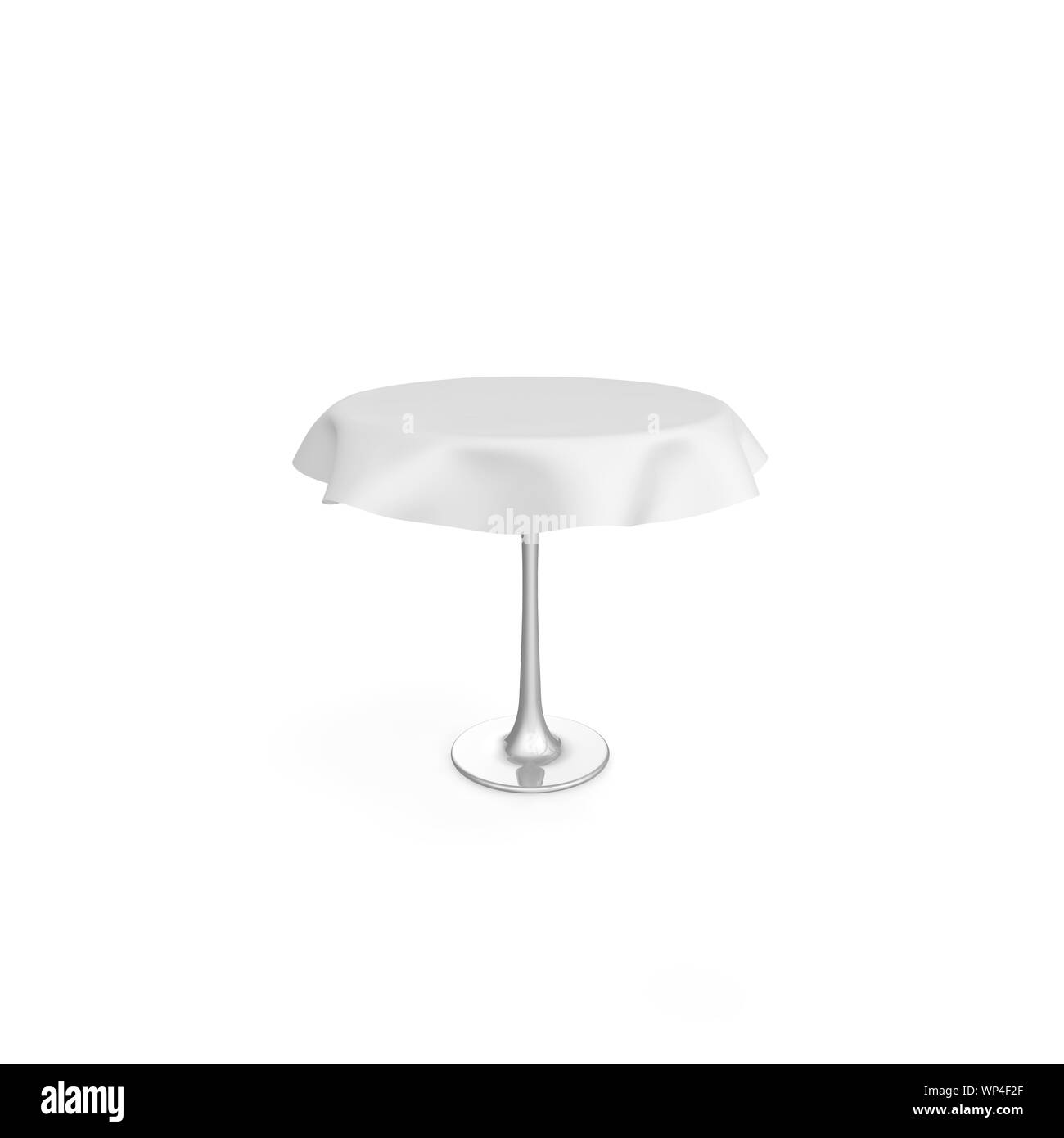 Round metal table with white tablecloth. There is room for Your design. Isolated white background. 3D illustration Stock Photo