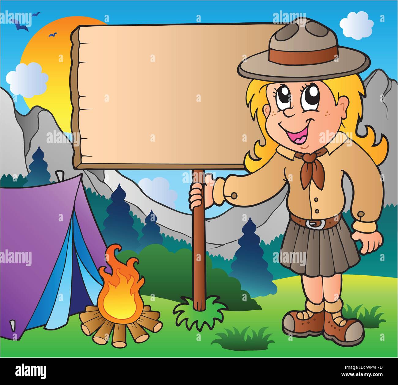 Scout girl holding board outdoor Stock Vector