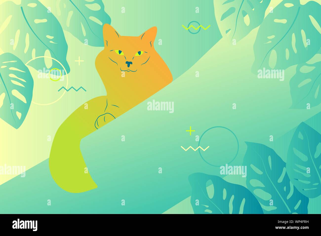 Orange cat sitting at tree branch, monstera leaves and memphis style pattern on background ...