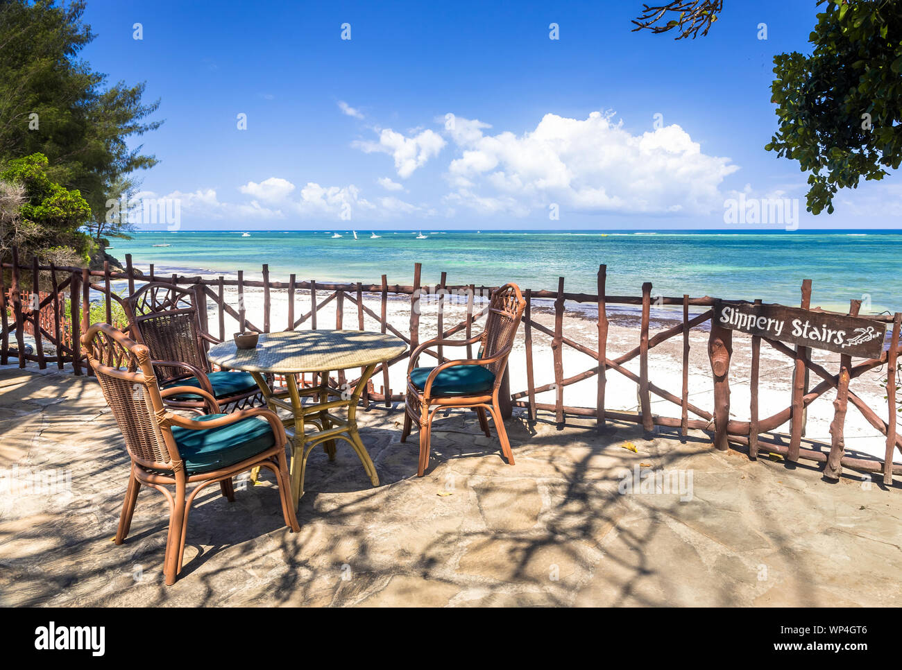 Amazing view on Diani beach with white sand and turquoise Indian Ocean, Kenya Stock Photo