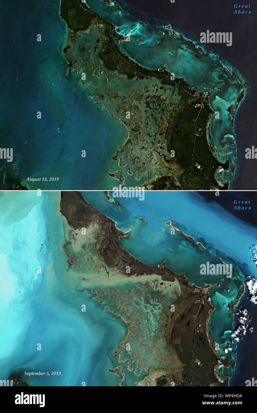 Satellite images of Great Abaco, before and after Hurricane Dorian passed by - contains modified Copernicus Sentinel Data (2019) Stock Photo
