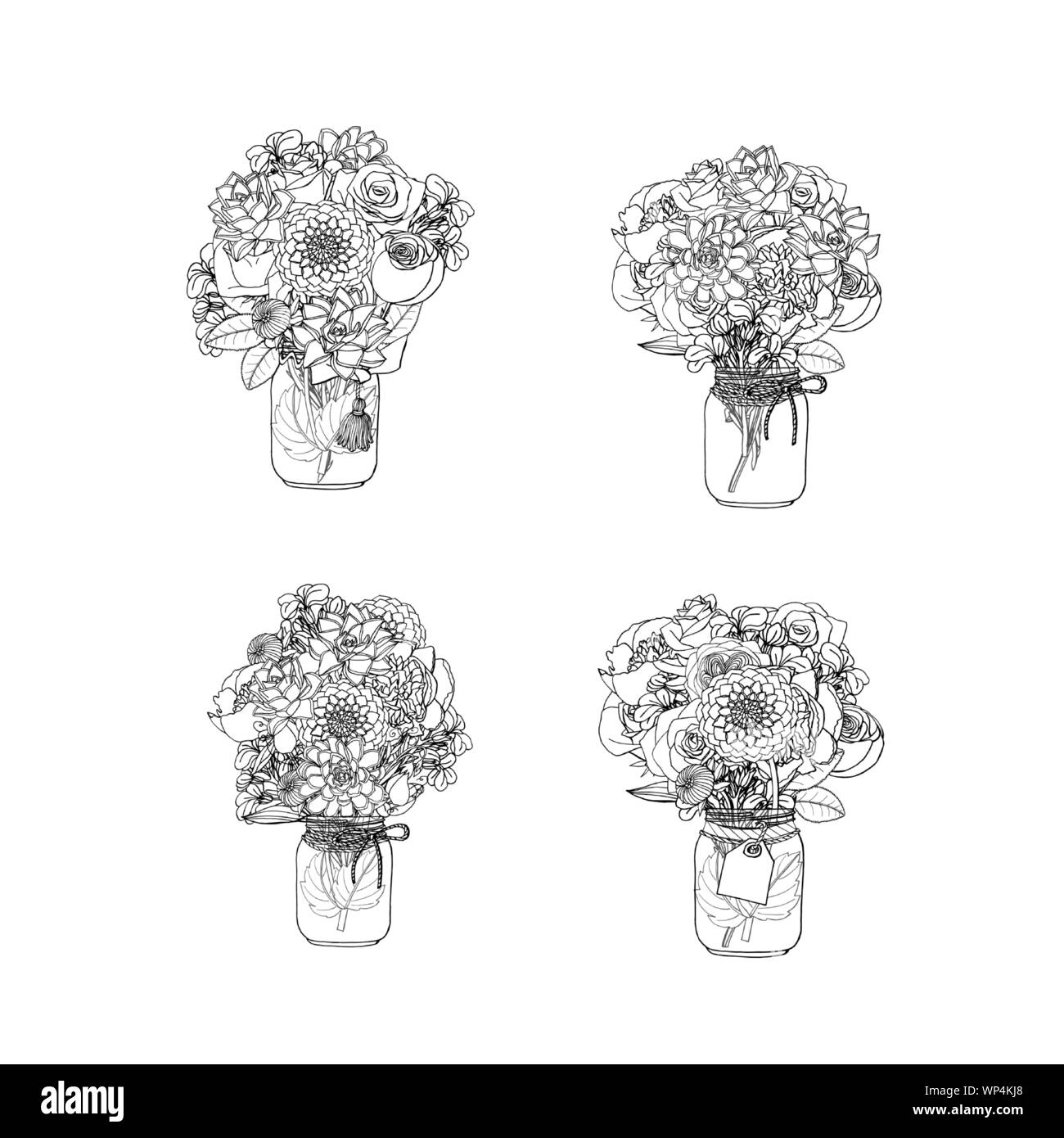 Hand drawn doodle style bouquets of different flowers, succulent,peony,rose,dahlia,stock flower,sweet pea Stock Vector