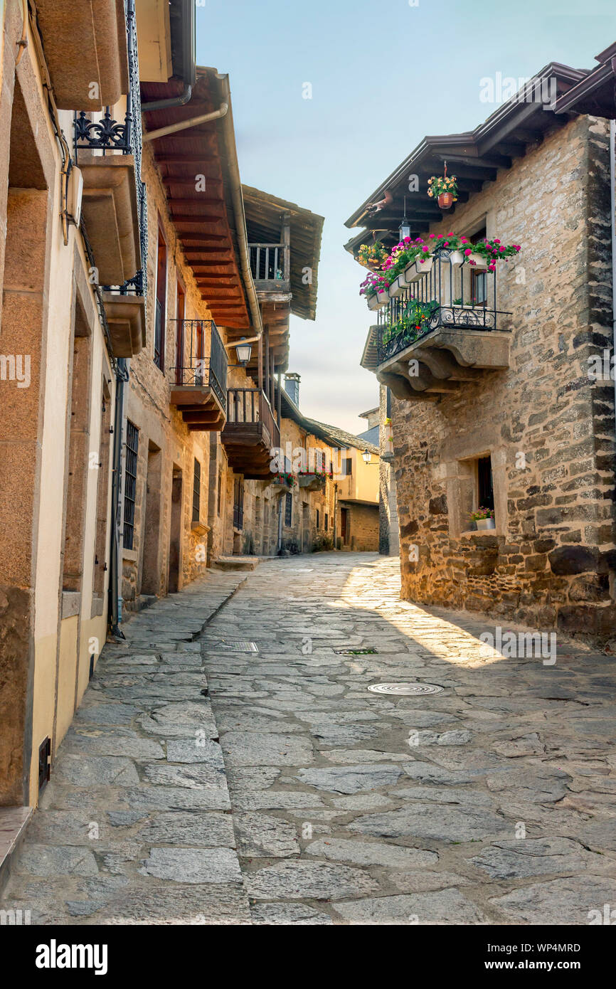 Medieval streets of the beautiful and picturesque town of Puebla de Sanabria in the province of Zamora, declared as a historical and artistic complex. Stock Photo