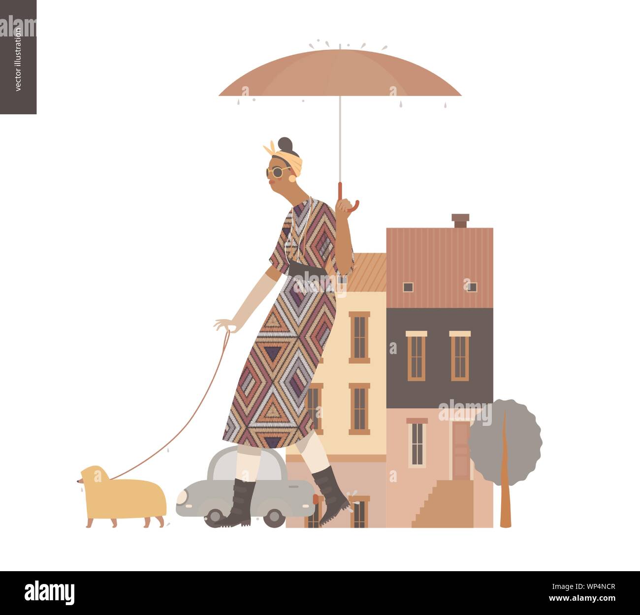 Rain -walking woman with a dog -modern flat vector concept illustration of a woman with umbrella, walking in the rain in the street with a dog wearing Stock Vector