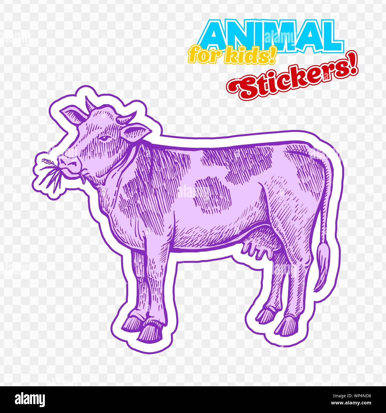 Farm animal cow in sketch style on colorful sticker. Isolated on transparent background. Can be used for cute coloring book for children. Include silhouette for paper cutting Stock Vector