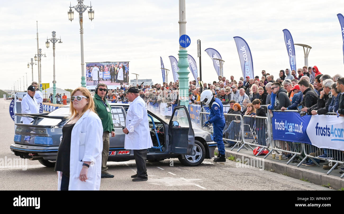 Brighton UK 7th September 2019 - This run comes to an early end at the start for Philip West in his Sierra  as competitors take part in the annual Brighton National Speed Trials along Madeira Drive on the seafront . The event is run by the Brighton and Hove Motor Club and is open to cars and motorcycles old and new with some of the drivers in their eighties as well . Credit : Simon Dack / Alamy Live News Stock Photo