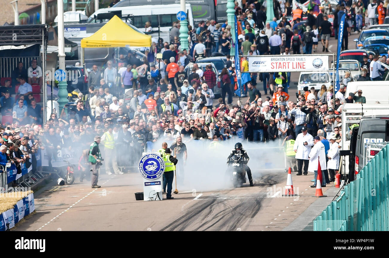 Brighton UK 7th September 2019 - Competitors  take part in the annual Brighton National Speed Trials along Madeira Drive on the seafront . The event is run by the Brighton and Hove Motor Club and is open to cars and motorcycles old and new with some of the drivers in their eighties as well . Credit : Simon Dack / Alamy Live News Stock Photo