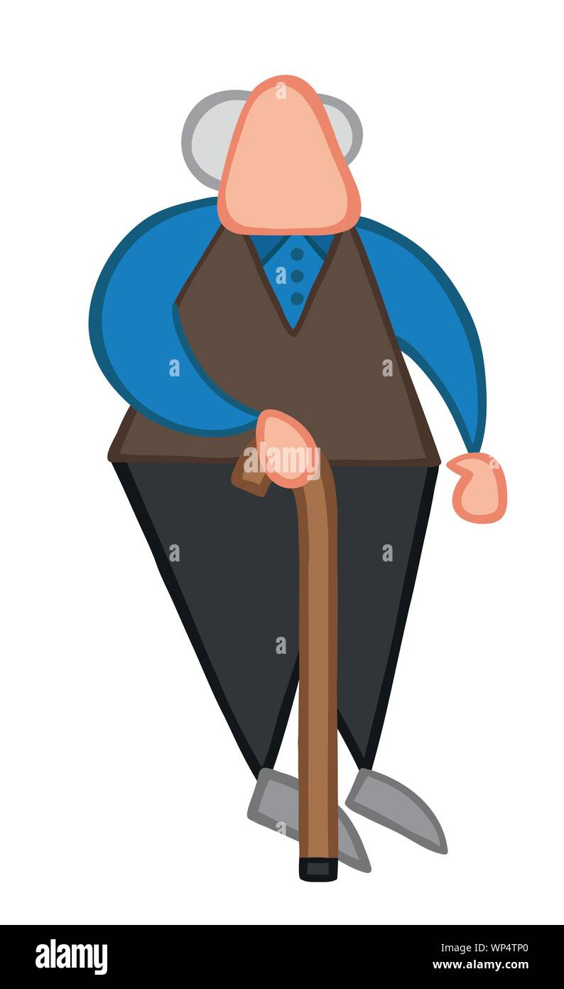 Vector illustration old man standing with walking stick. Hand drawn ...