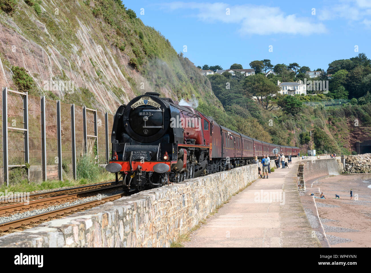 Steam locomotive 6233 Duchess of Sutherland with The Royal Duchy train passes along the sea wall Teignmouth south Devon UK. Stock Photo