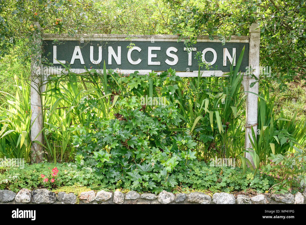 Launceston railway station sign at the Launceston Steam Railway Cornwall UK Stock Photo