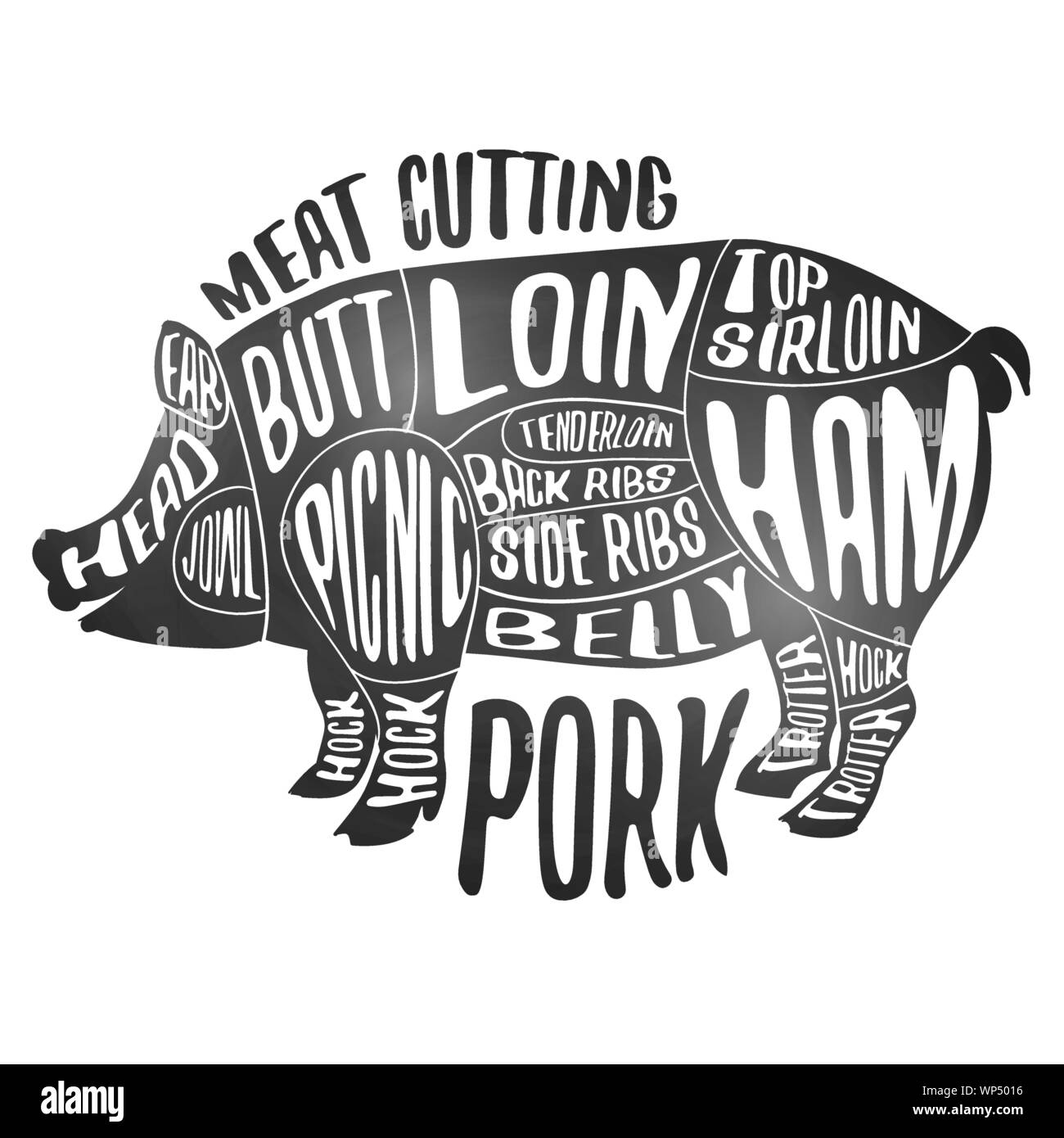 Meat cutting - pork. White chalkboard poster. Cut of pig meat set ...