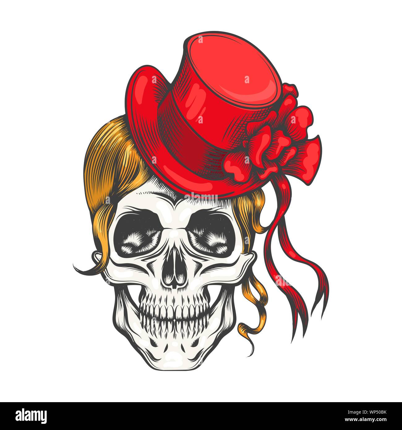 Female Skull with Yellow long hairs in a Red Hat. Vector illustration in tattoo style. Stock Vector