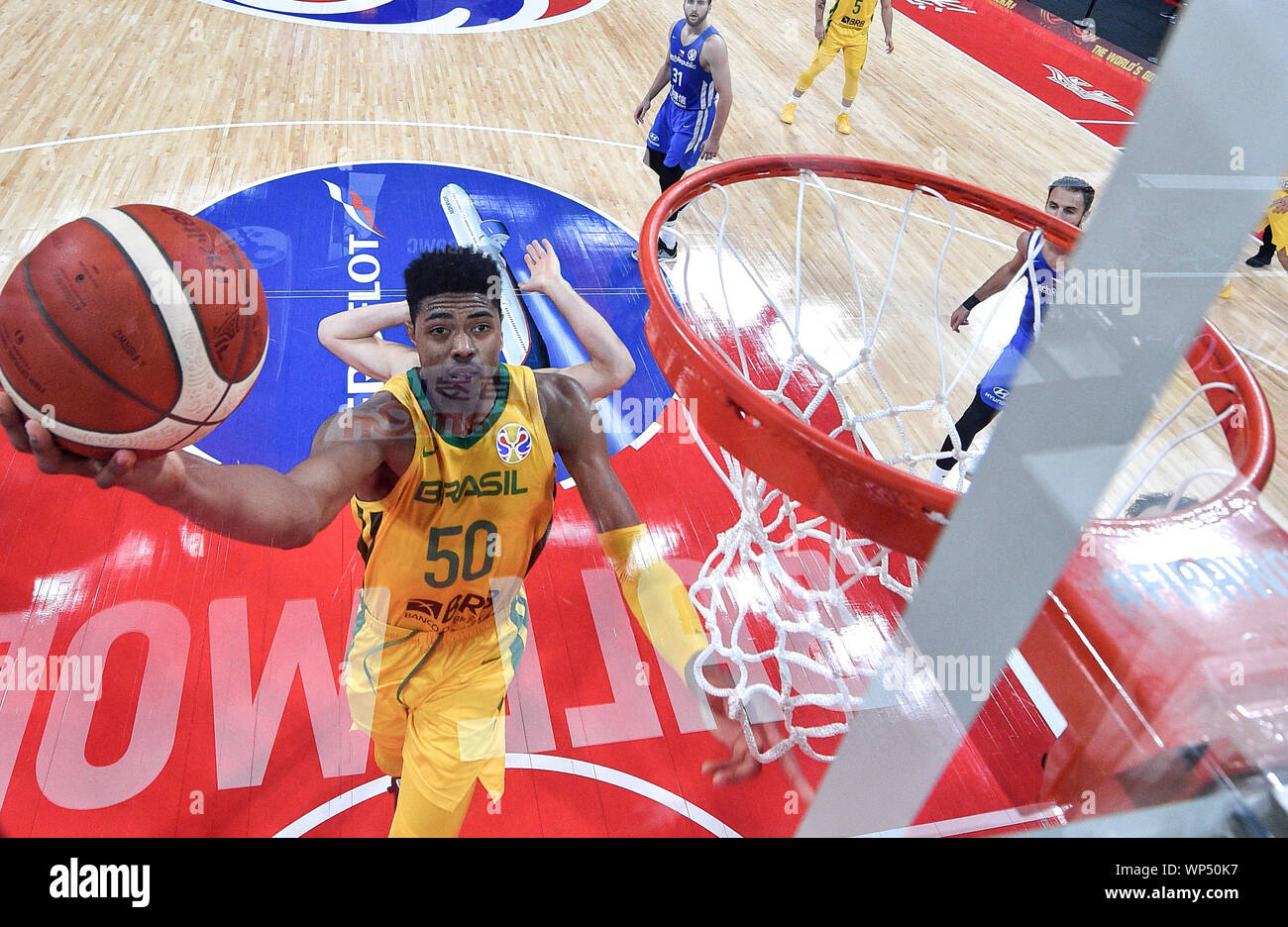 Shenzhen, China's Guangdong Province. 7th Sep, 2019. Bruno Caboclo of  Brazil goes up for the basket