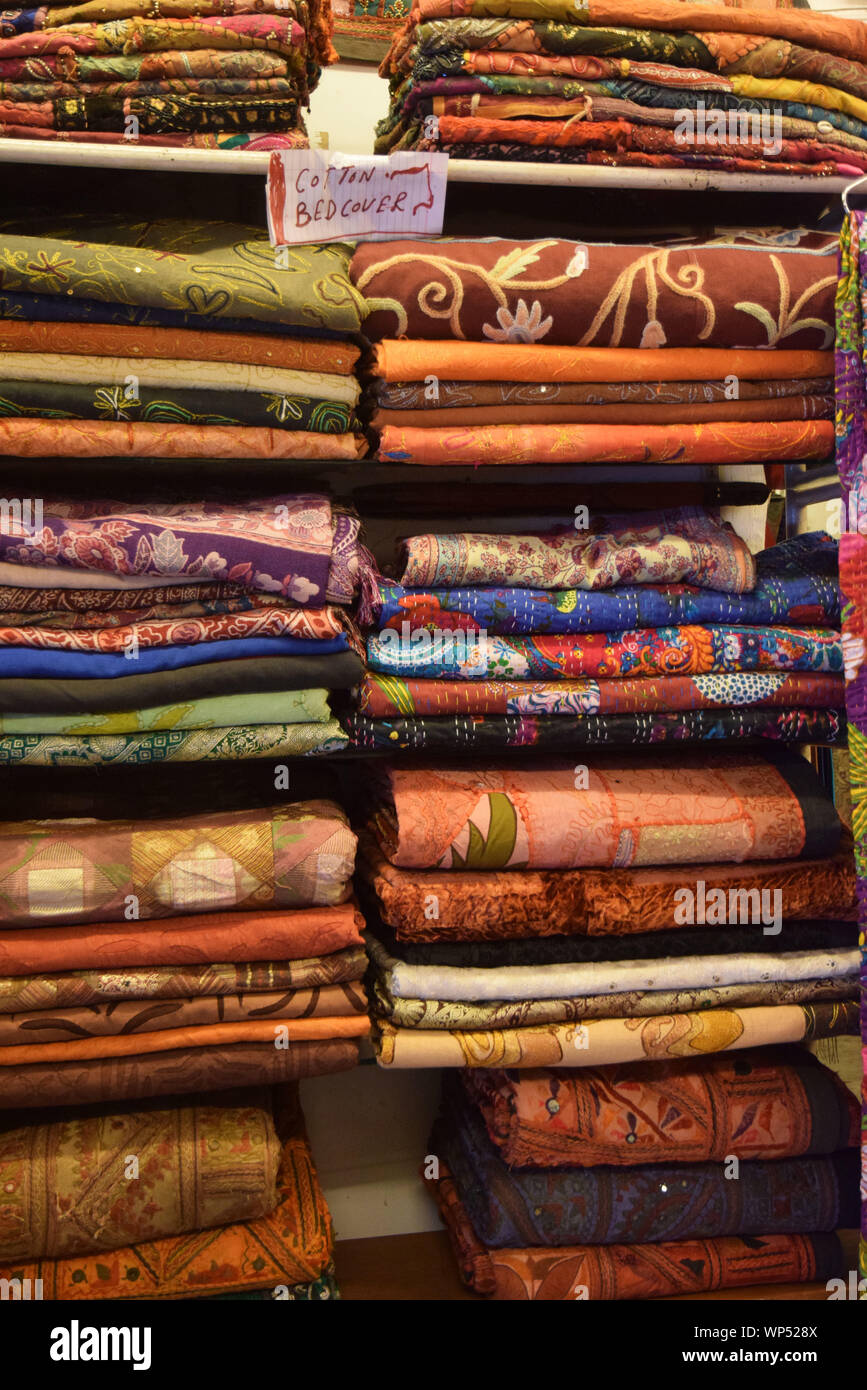Cotton bedcover fabric in shop, cochin, kerala, india Stock Photo