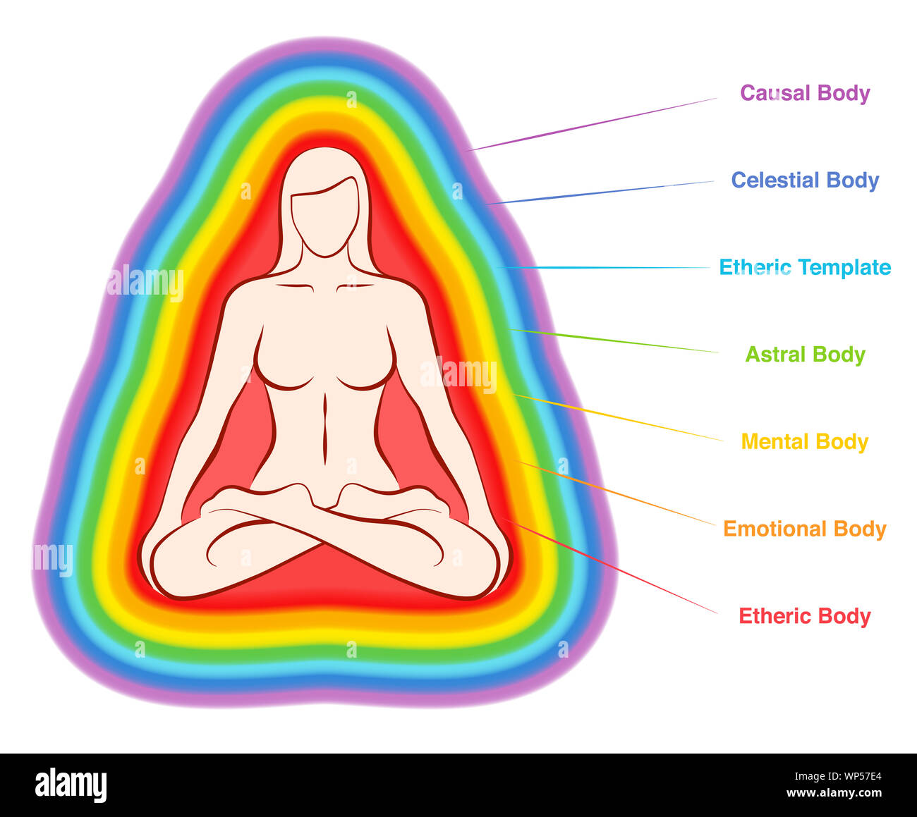 Aura bodies. Rainbow colored labeled layers of a female body. Etheric, emotional, mental, astral, celestial and causal layer. Stock Photo