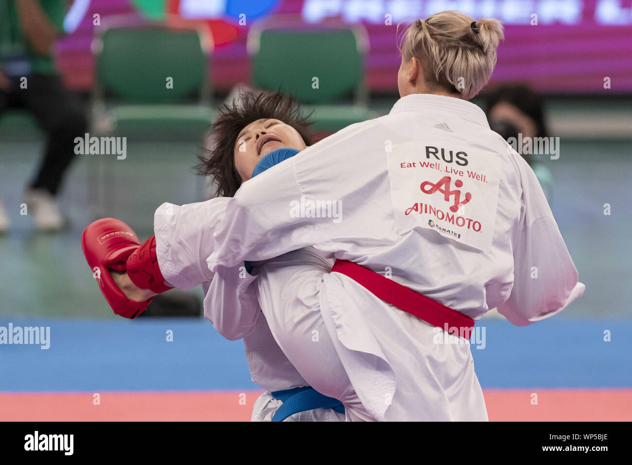 Tokyo, Japan. 7th Sep, 2019. Maya Suzuki of Japan (blue) fights against Anna Rodina of Russian Federation (red) during the Repechage of Female Kumite's -61 kg category at Karate1 Premier League Tokyo 2019. The Karate1 Premier League is held from September 6 to 8 at the Nippon Budokan. The KarateÂ will make its debut appearanceÂ at the Tokyo 2020 Summer Olympic Games. Maya Suzuki won the bout. Credit: Rodrigo Reyes Marin/ZUMA Wire/Alamy Live News Stock Photo