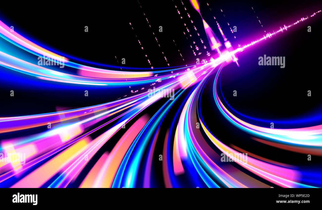 A futuristic illustration in vector of light trails in cyberpunk style, Light speed effect, slow shutter, night urban. Stock Vector