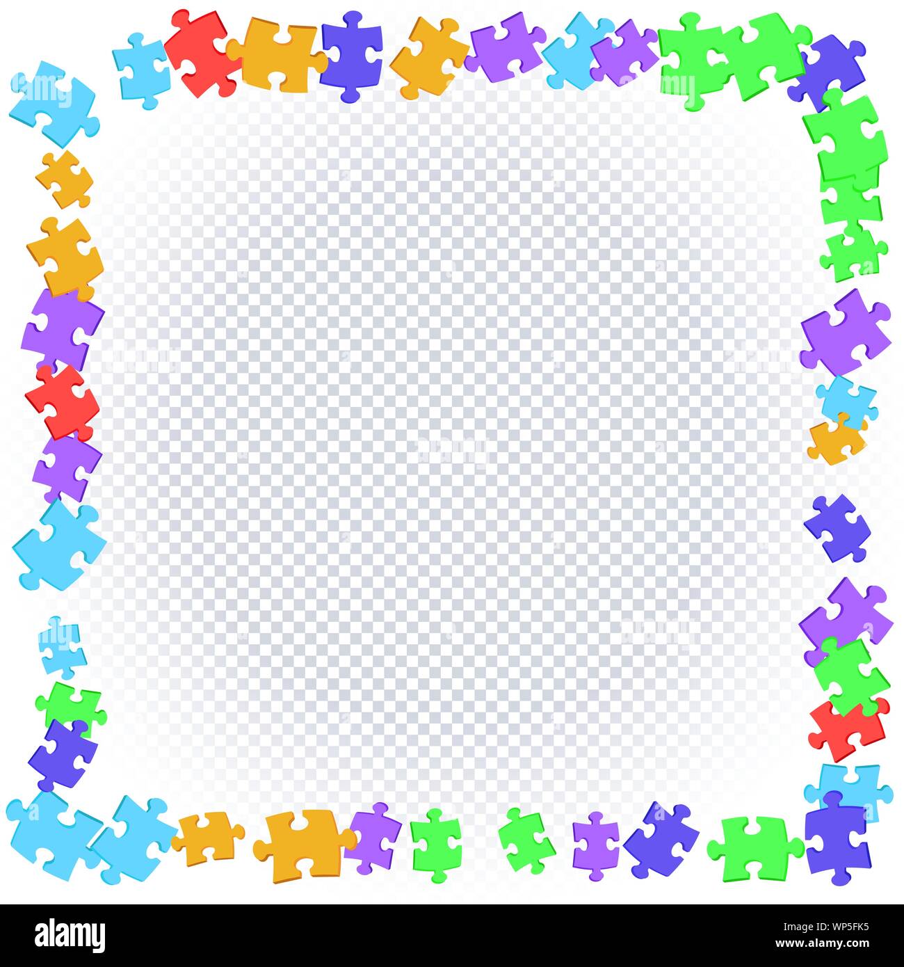 Abstract square frame of scattered colored puzzles on transparent