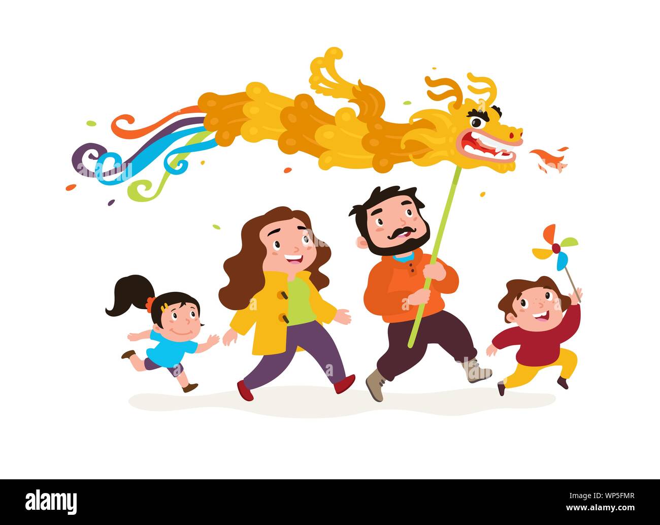 The family goes with the dragon. Vector. Funny characters Dad, Mom and kids go to celebrate Chinese New Year. Logo for a toy store. Sticker, icon for Stock Vector