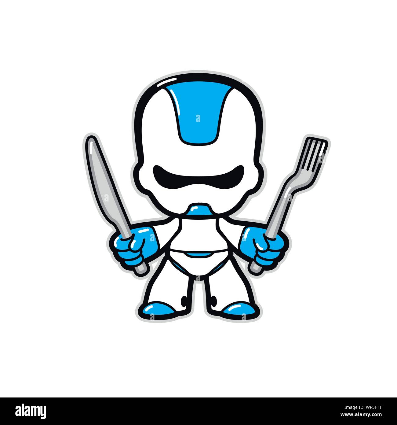 Illustration of a robot. Vector. Robot character of the future with a knife and fork. Mascot for a cyber cafe or restaurant. Hero for space fast food. Stock Vector