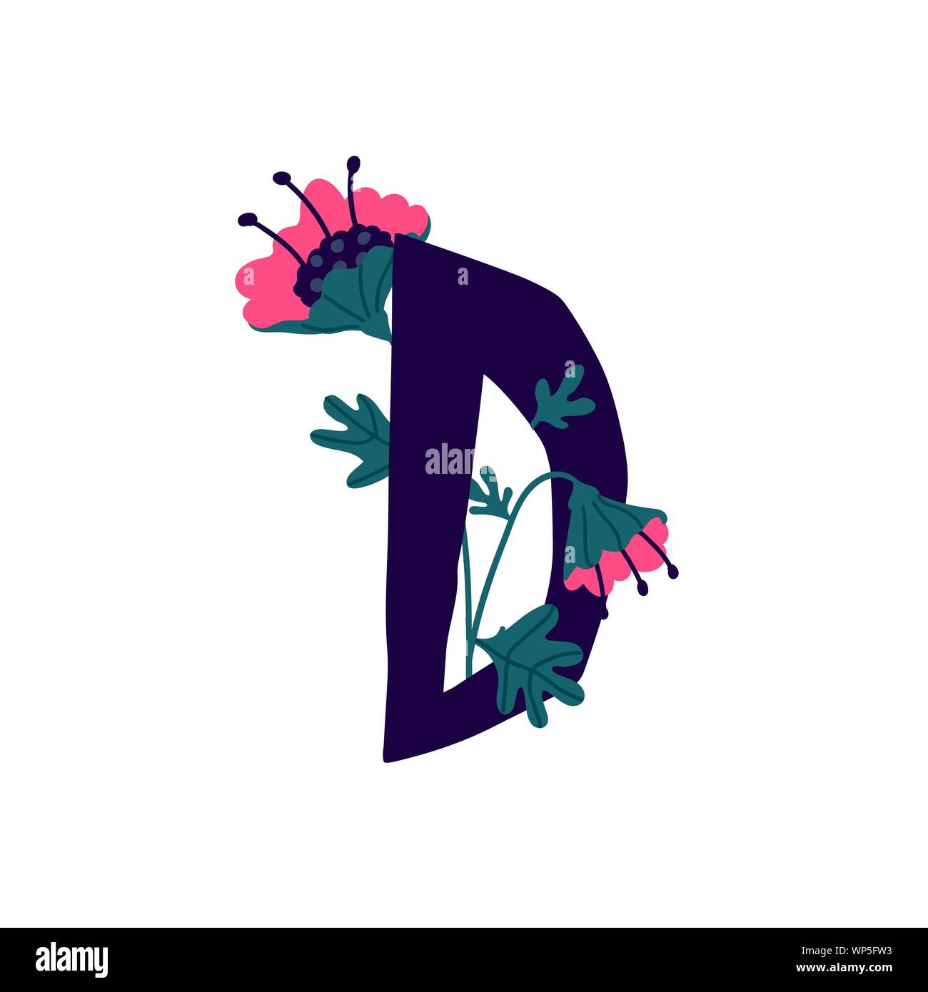 Latin letter D in flowers and plants. Vector. Letter in decorative elements for inscriptions. Company logo. Poster or monogram. Stock Vector