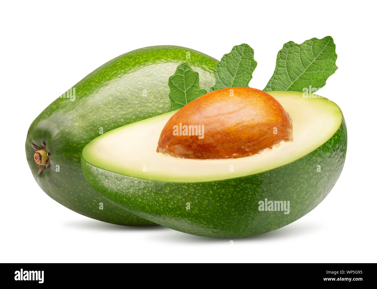 avocado with half of avocado and leaf isolated on a white background. Stock Photo