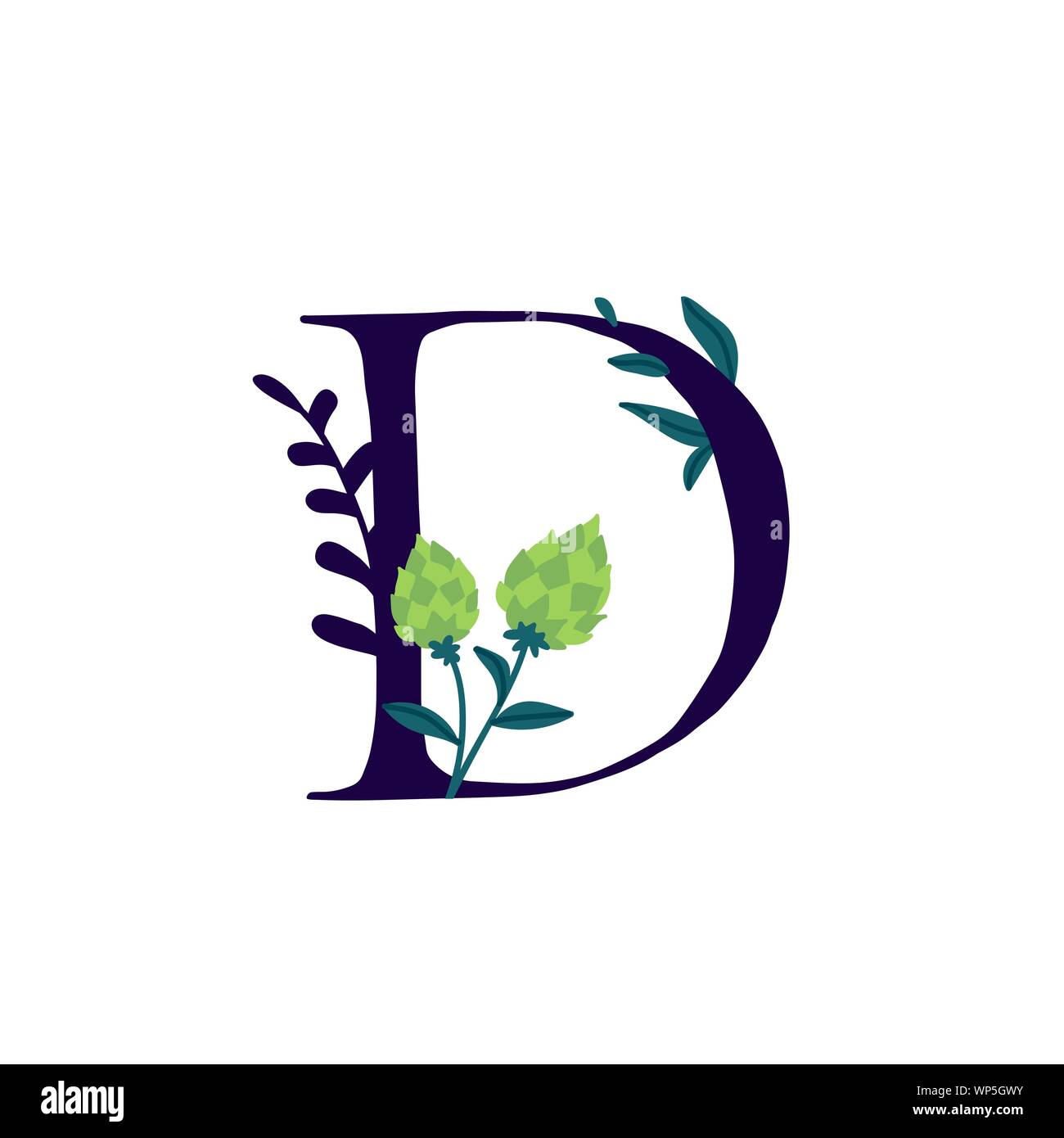 Latin letter D in flowers and plants. Vector. Letter in decorative elements for inscriptions. Company logo. Poster or monogram. Stock Vector