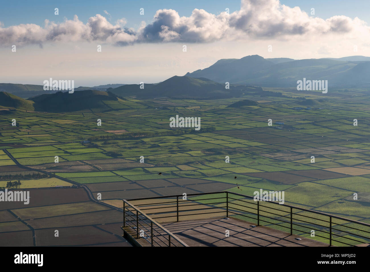 The viewing platform of Miradouro da Serra do Cume on Terceira island at a beautiful sunset, Azores, Portugal Stock Photo