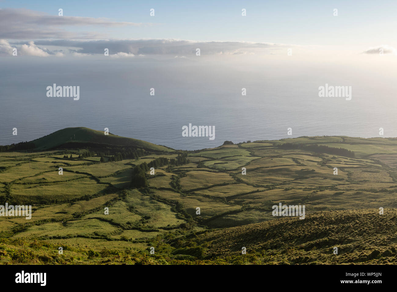 early morning landscape view with sunrise and fog on the green fields at the north coast of the Azores island of Sao Jorge, as seen from the central m Stock Photo