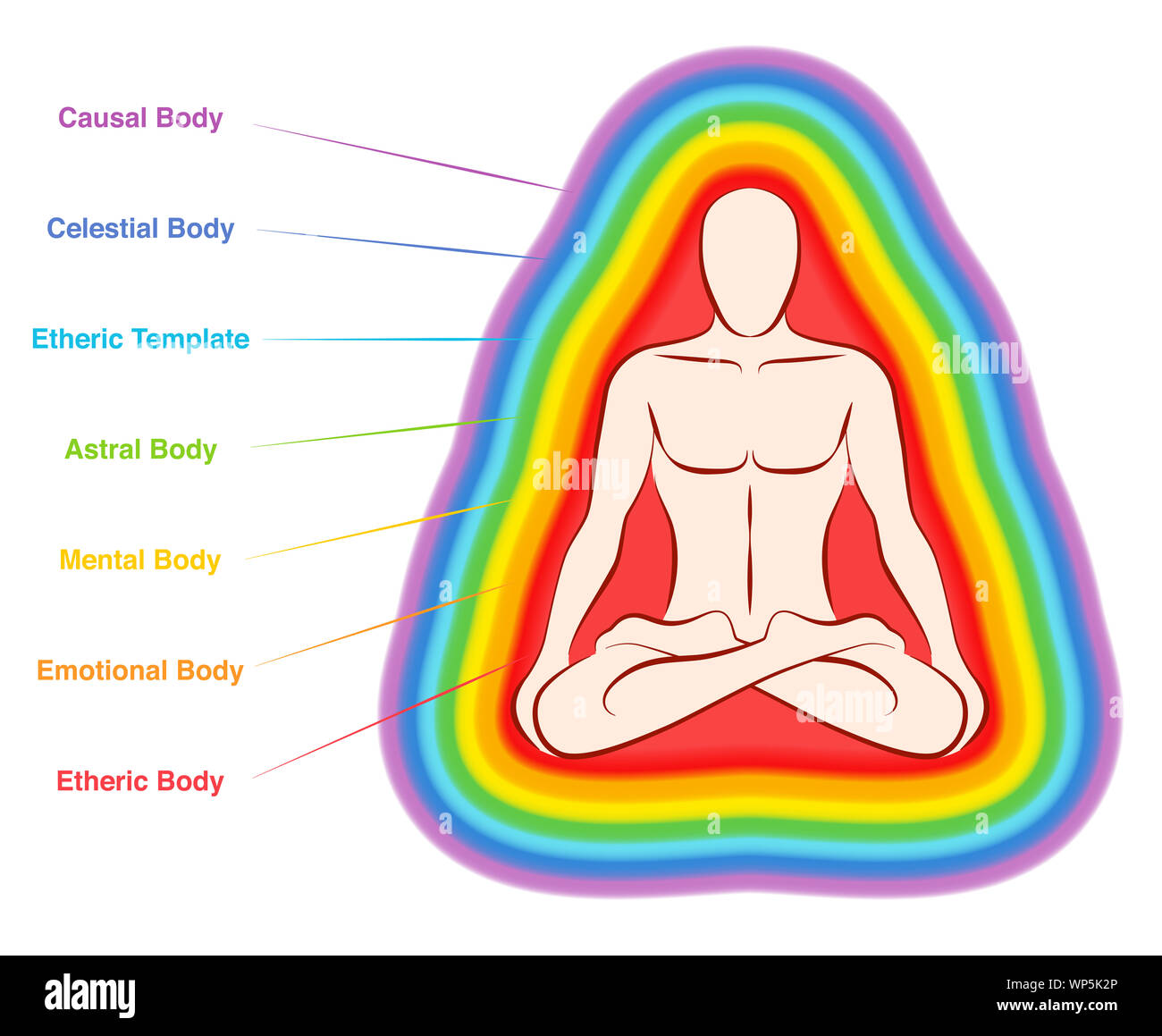 Aura bodies. Rainbow colored labeled layers of a male body. Etheric, emotional, mental, astral, celestial and causal layer. Stock Photo