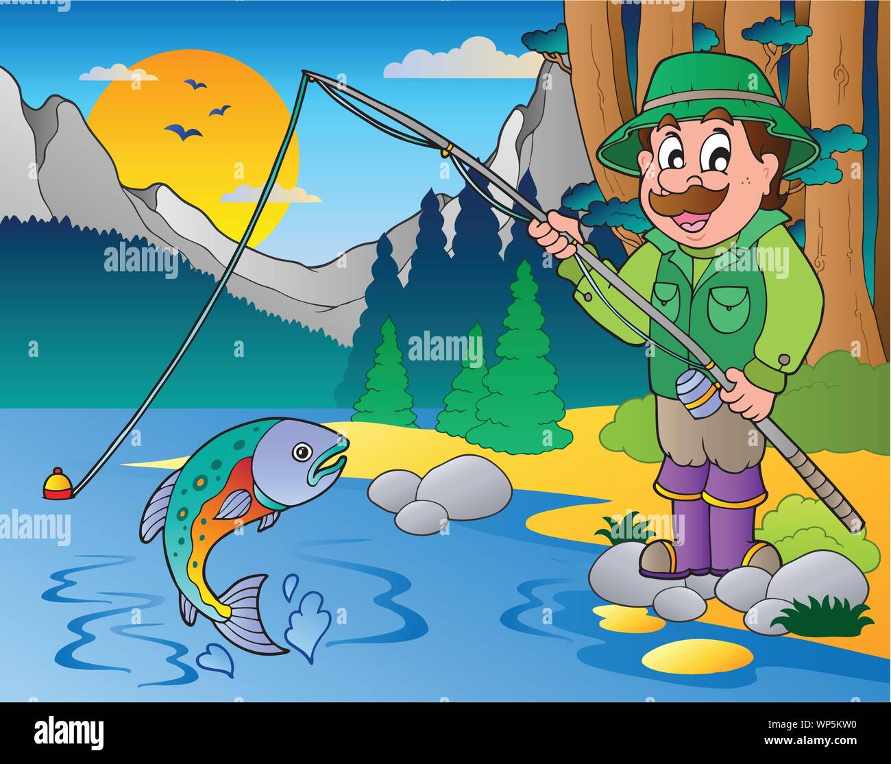 Lake with cartoon fisherman 1 Stock Vector