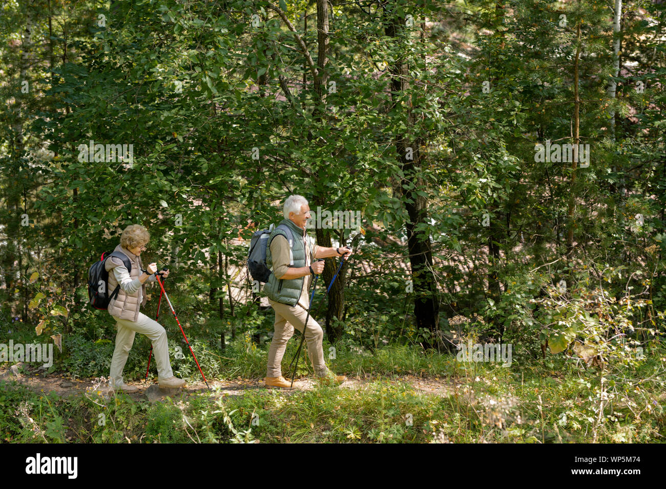 Senior couple in activewear walking down forest path with trekking sticks Stock Photo