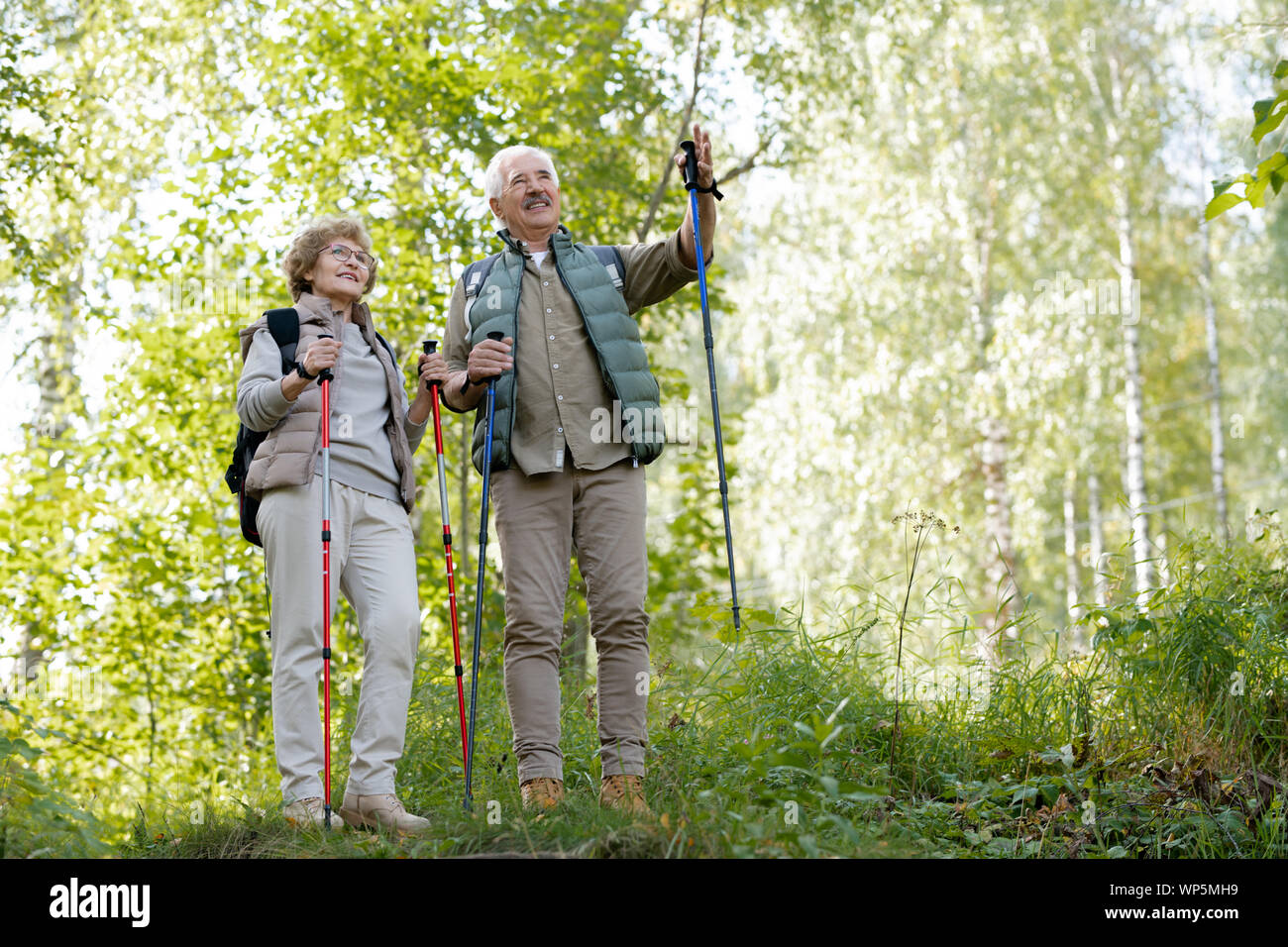 Happy senior man showing his wife way to the forest Stock Photo