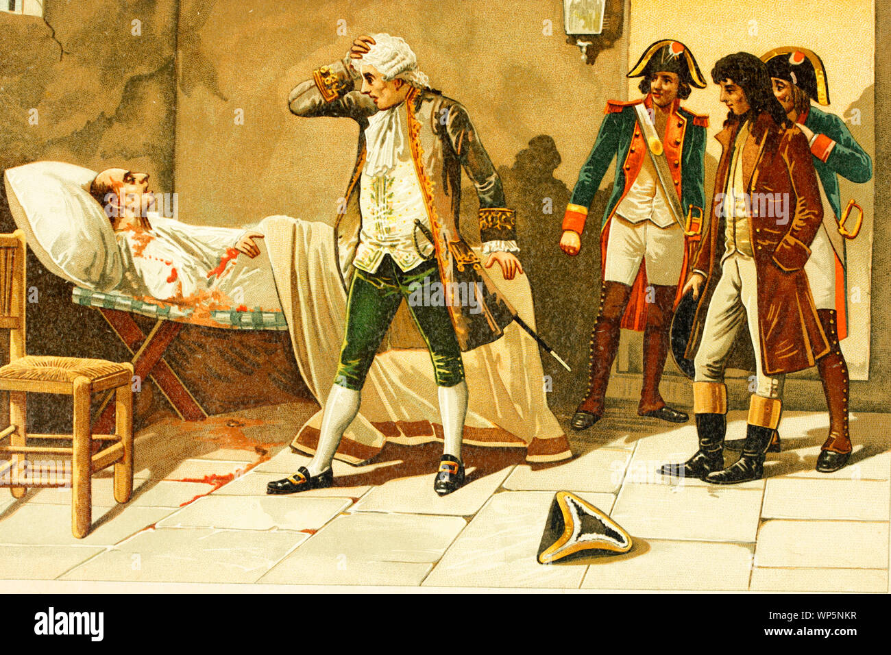French revolution. Jerome Pétion de Villeneuve, politician and Mayor of Paris seeing his friend the mayor about to die. Antique illustration. Book of Stock Photo