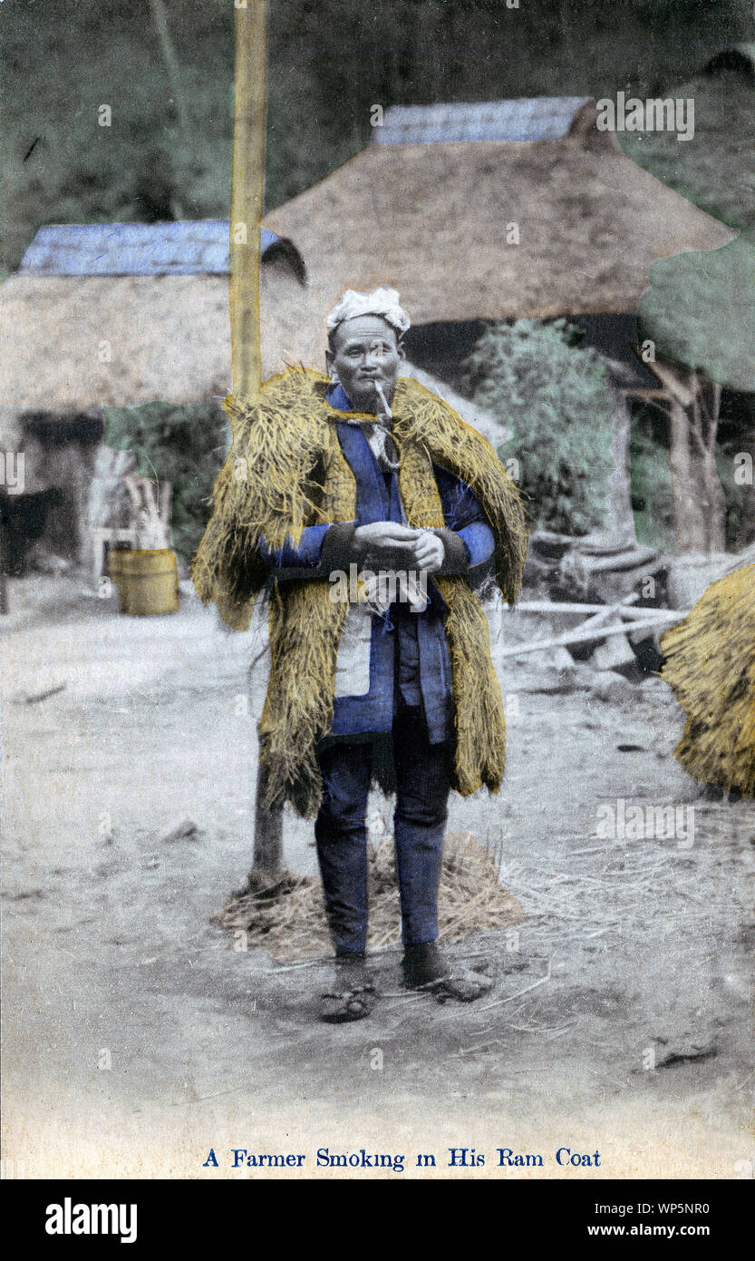 [ 1910s Japan Japanese Farmer with Pipe and Straw Raincoat ] — Farmer