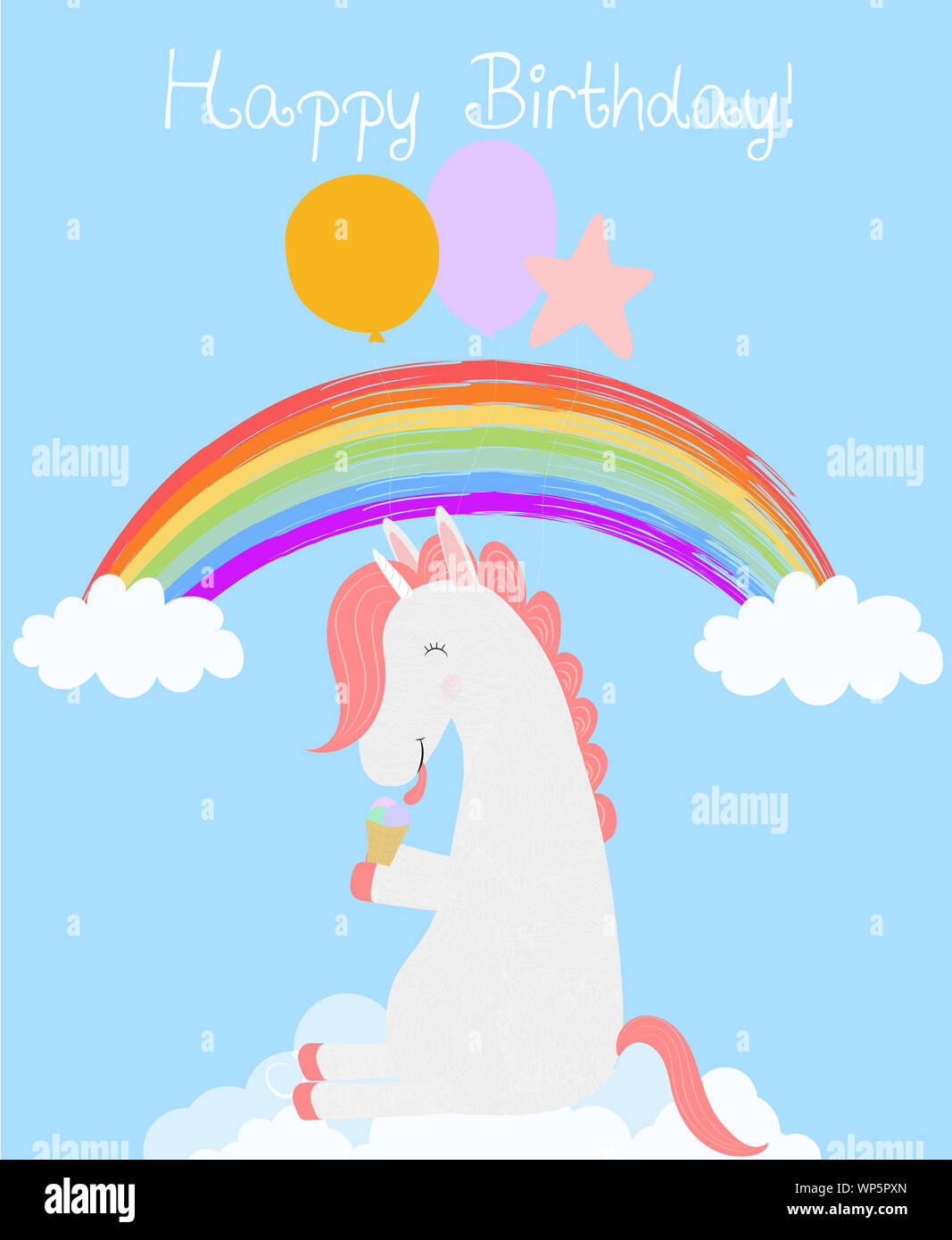 Cute Unicorn with balloons eating ice cream sitting on white cloud in ...
