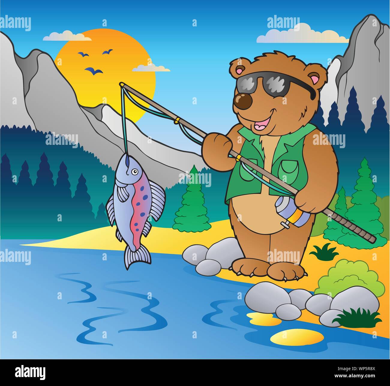 Lake with cartoon fisherman 2 Stock Vector