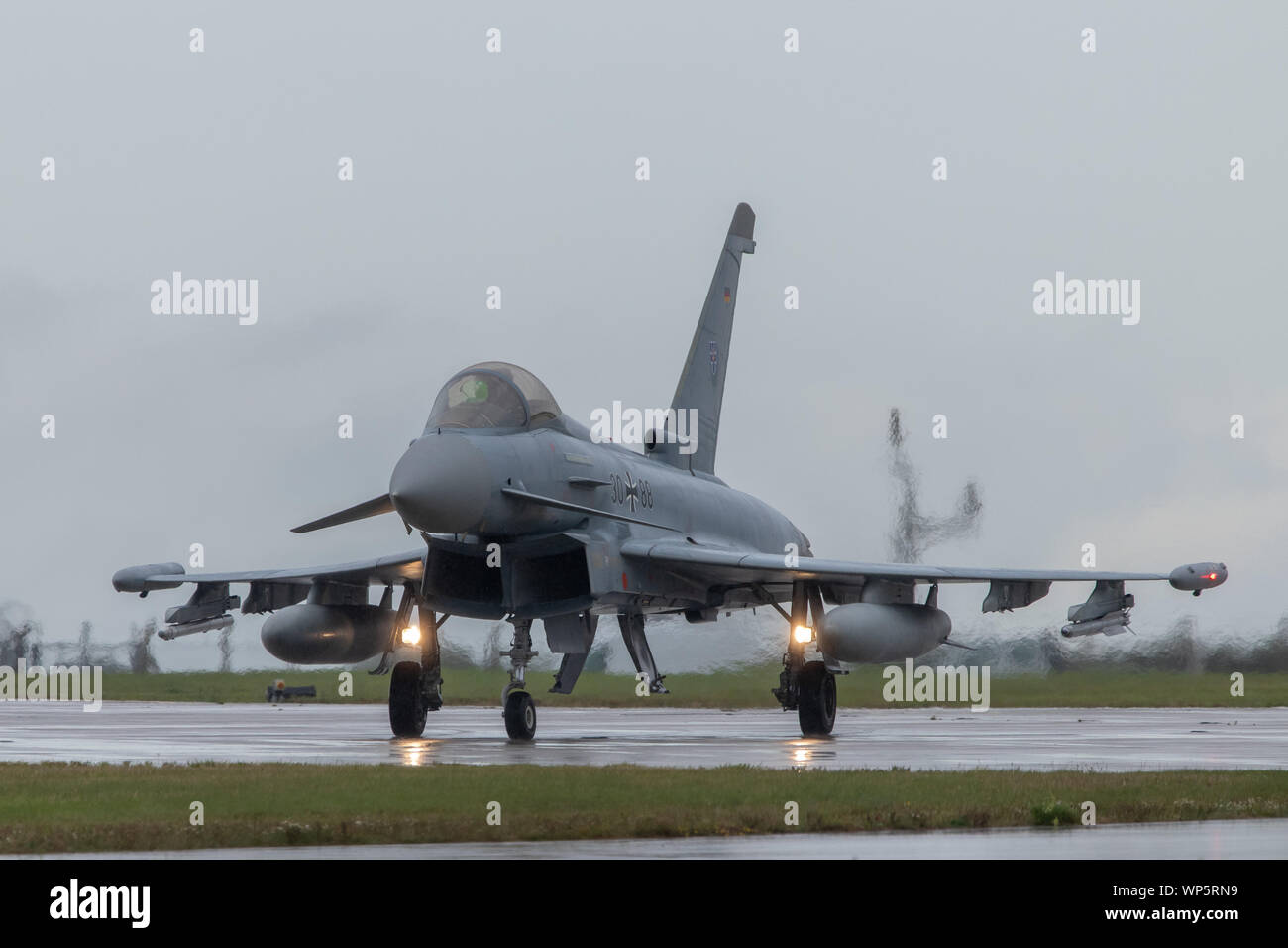 German Ef00 Eurofighter Typhoon On Taxi In The Rain At Raf Waddington 4th September 19 Stock Photo Alamy