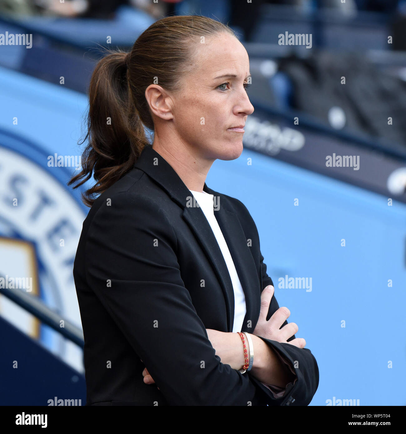 Manchester, UK. 7th Sept 2019. The FA's Women's Super League, Manchester City Women versus Manchester United Women; Manchester United W.F.C Head Coach Casey Stoney looks on as her team prepare for the match - Editorial Use Only. Credit: Action Plus Sports Images/Alamy Live News Credit: Action Plus Sports Images/Alamy Live News Credit: Action Plus Sports Images/Alamy Live News Stock Photo