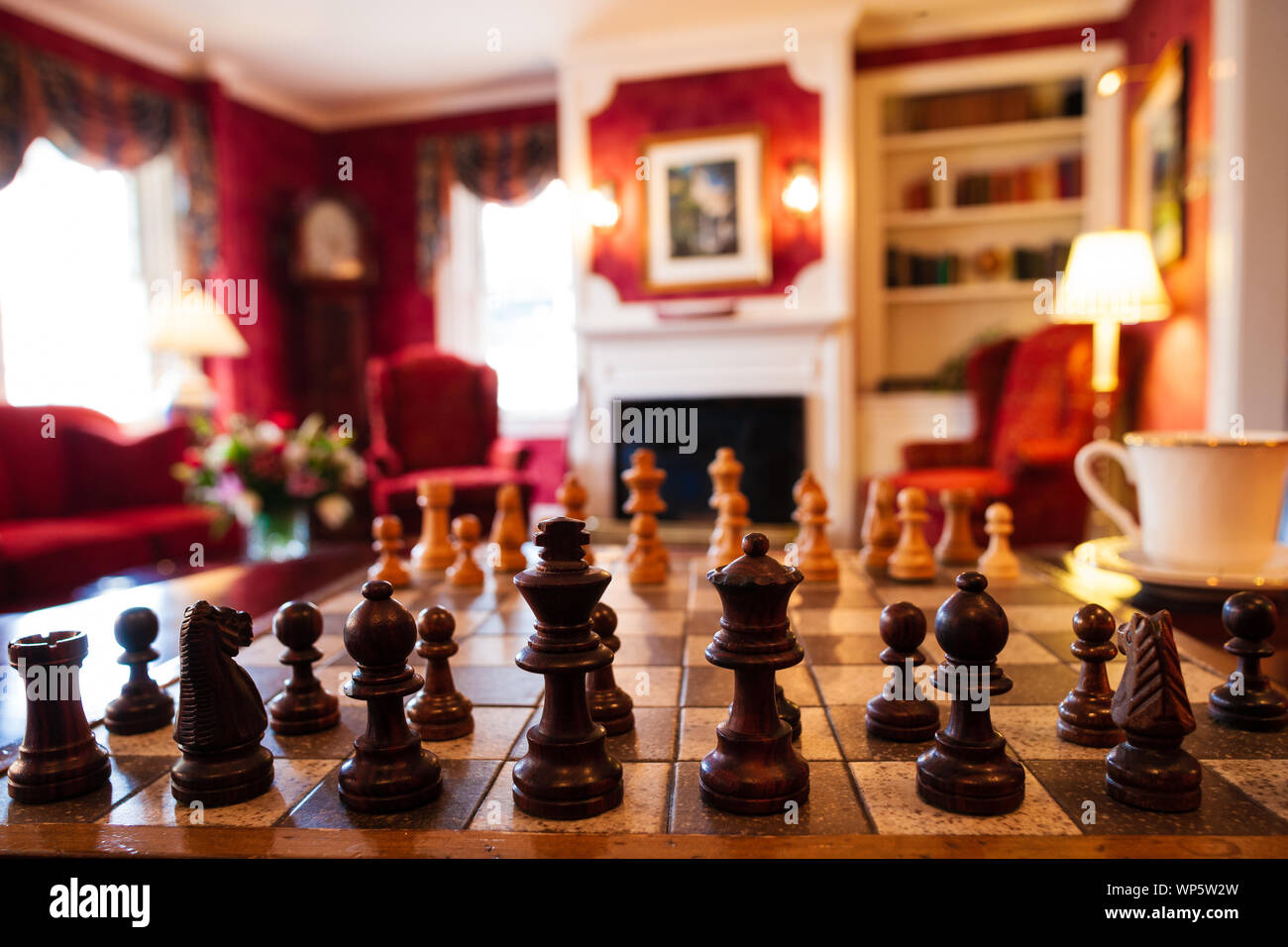 Chess pieces in starting position on a wooden oak Board Stock Photo - Alamy