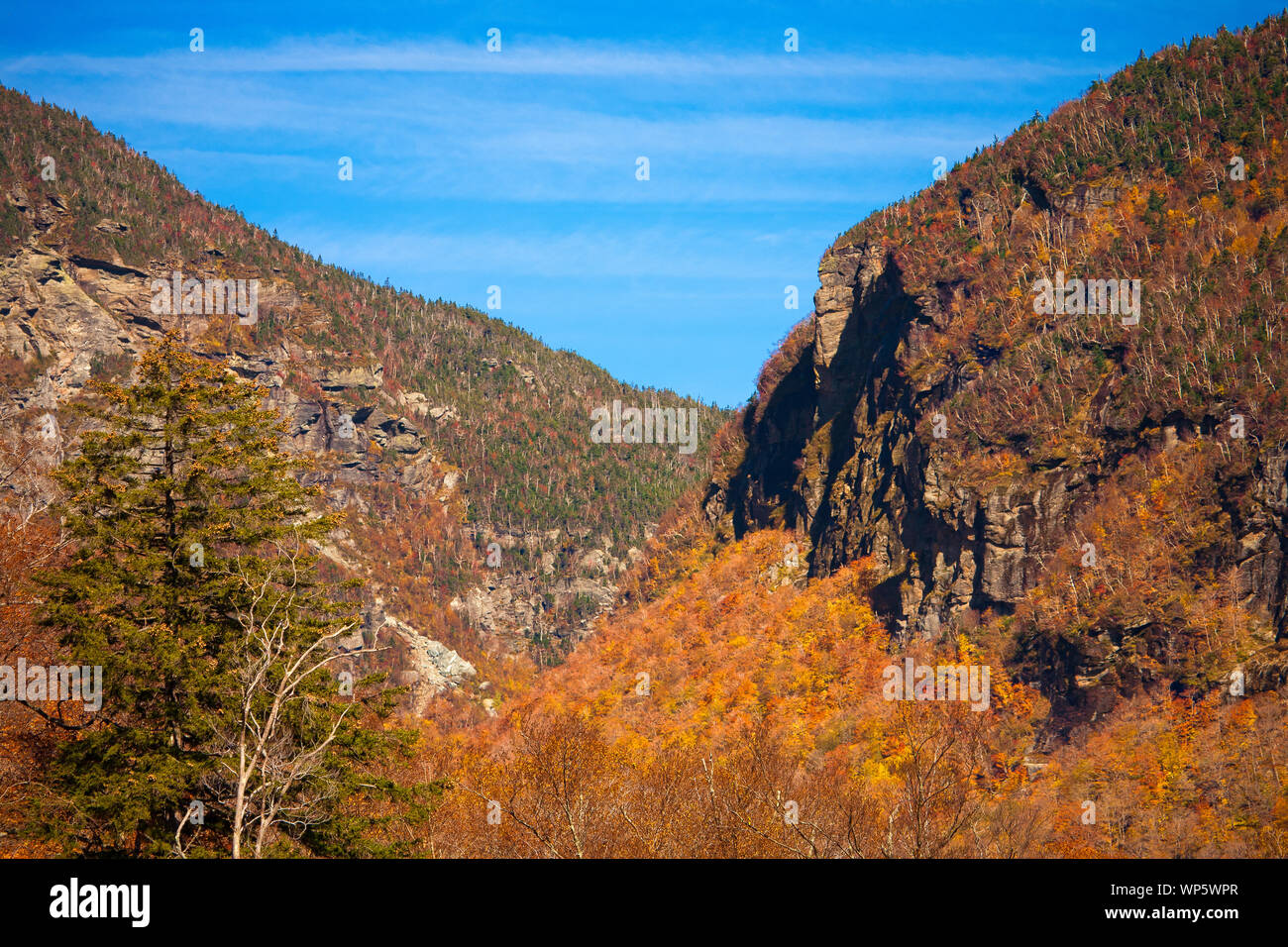 Looking up Smugglers Notch from Stowe, Vermont, USA Stock Photo