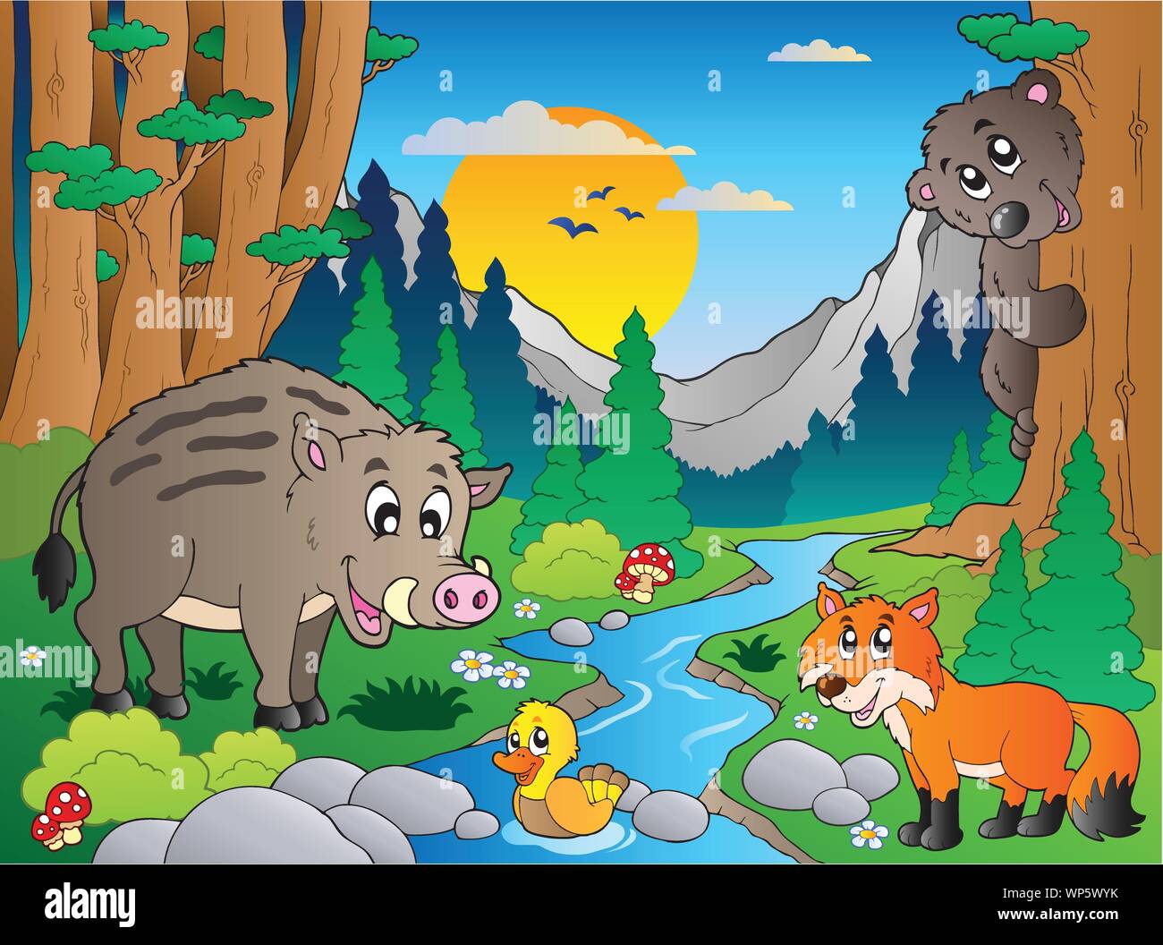 Forest scene with various animals 3 Stock Vector