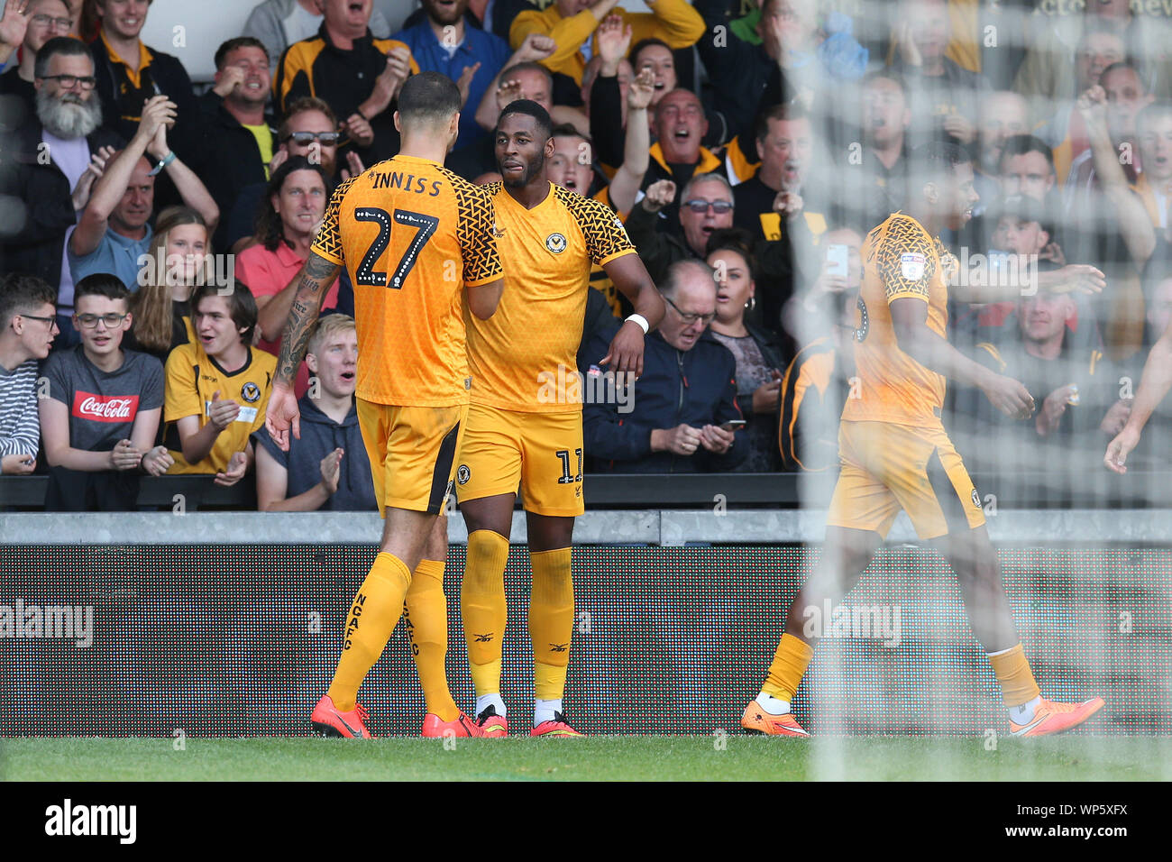 Newport, UK. 07th Sep, 2019. Jamille Matt of Newport county ® celebrates after he scores his teams 1st goal. EFL Skybet football league two, Newport county v Port Vale FC at Rodney Parade in Newport, South Wales on Saturday 7th September 2019. this image may only be used for Editorial purposes. Editorial use only, license required for commercial use. No use in betting, games or a single club/league/player publications. pic by Andrew Orchard/Andrew Orchard sports photography/Alamy Live news Credit: Andrew Orchard sports photography/Alamy Live News Stock Photo